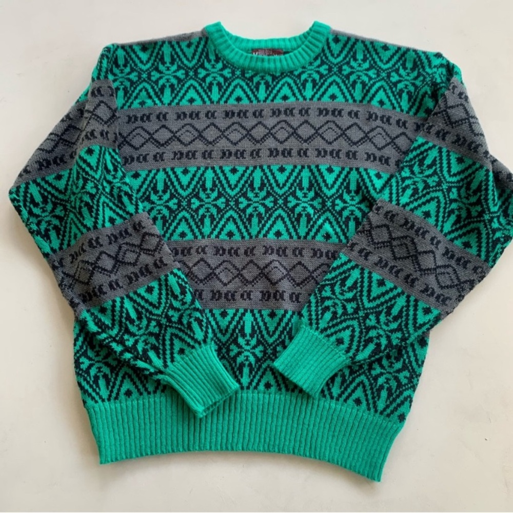 Vintage Grandpa Knit Sweater - Green Pattern